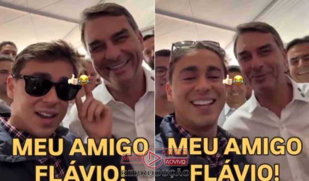 Nikolas Ferreira utiliza óculos escuros em vídeo com Flávio Bolsonaro para ironizar imprensa