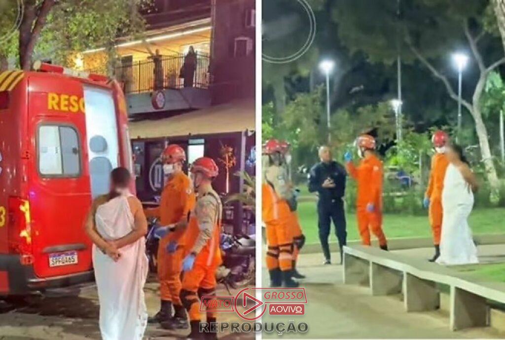 Cáceres: Mulher em crise mental é socorrida após incidente em chafariz de praça central
