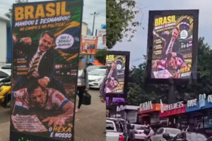 Montagem de Bolsonaro agredindo paraguaio provoca retirada de painéis no Paraguai.