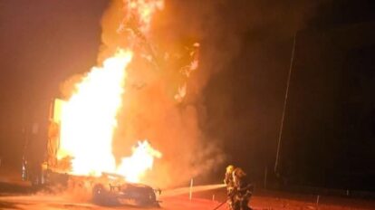 Chamas devastam caminhão na Br-163 em Nova Mutum; bombeiros usam 4 mil litros de água